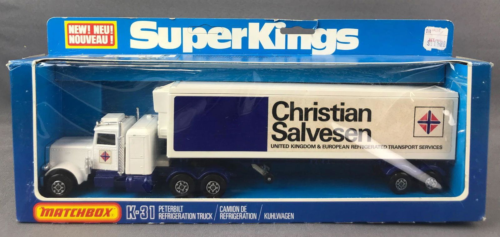 Matchbox Super Kings No. K-31 Peterbilt Refrigeration: White body, BPW, Christian Salvesen decals. A Lesney Product. Made in England