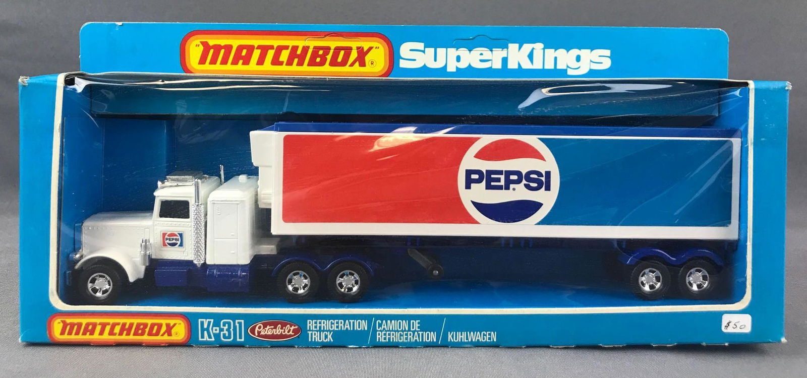 Matchbox Super Kings No. K-31 Peterbilt Refrigeration: White body, BPW, Pepsi decals. A Lesney Product. Made in England