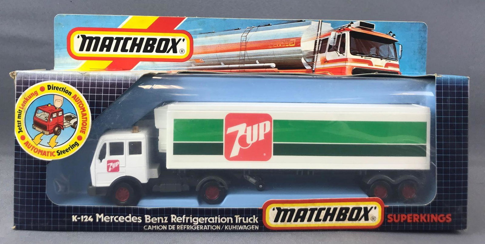 Matchbox Super Kings No. K-124 Mercedes Benz: In Original Packaging. White body, BPW. 7Up decals. A Lesney Product. Made in England