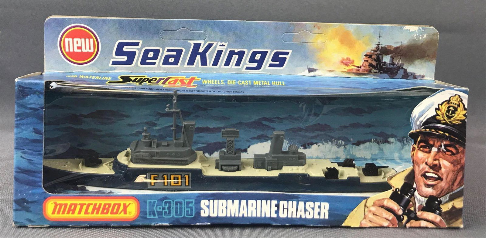 Matchbox Sea Kings No. K-305 Submarine Chaser Die-Cast: Blue body, BPW, F101 decal. A Lesney Product. Made in England