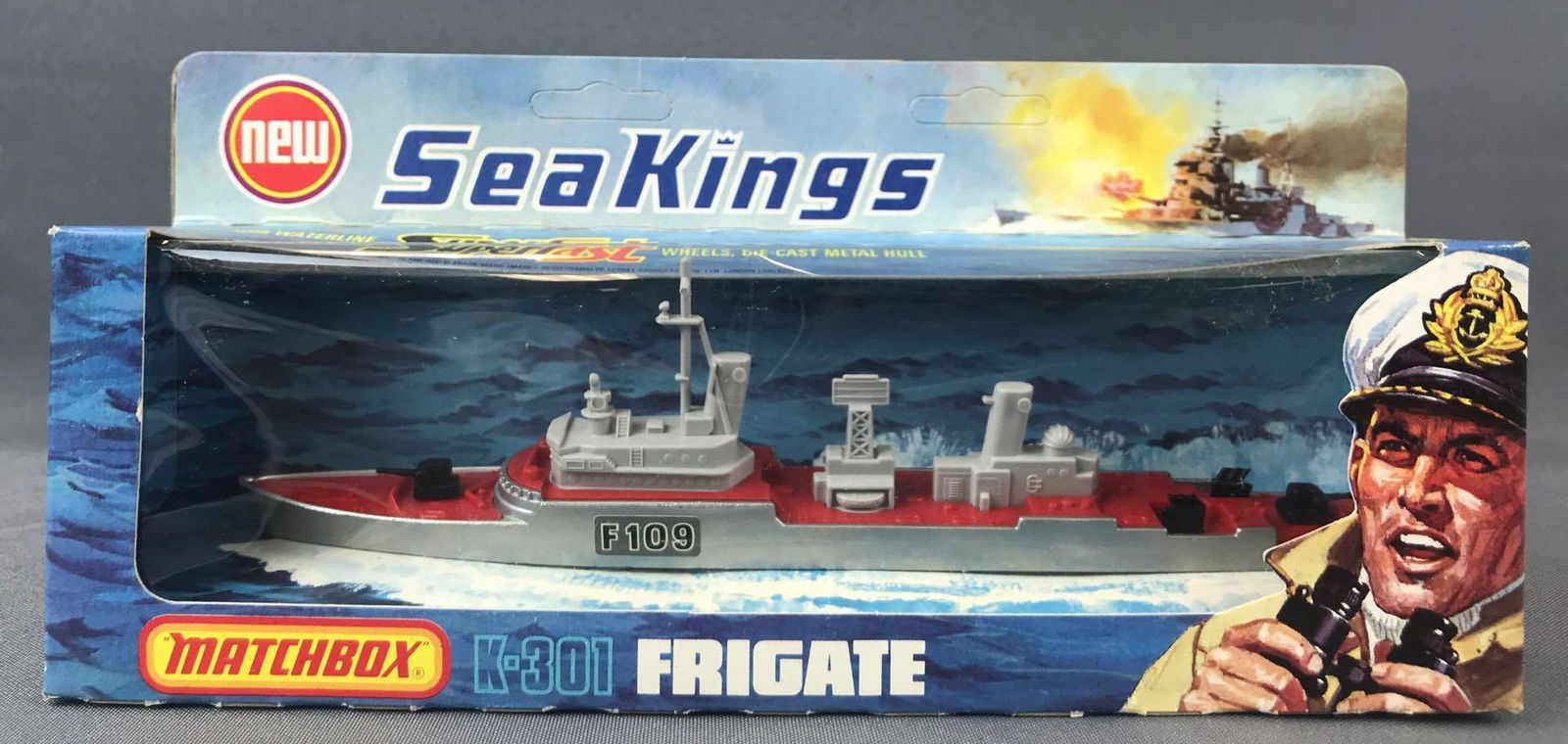 Matchbox Sea Kings No. K-300 Frigate Die-Cast Vehicle: Gray body, BPW, F109 decal. A Lesney Product. Made in England
