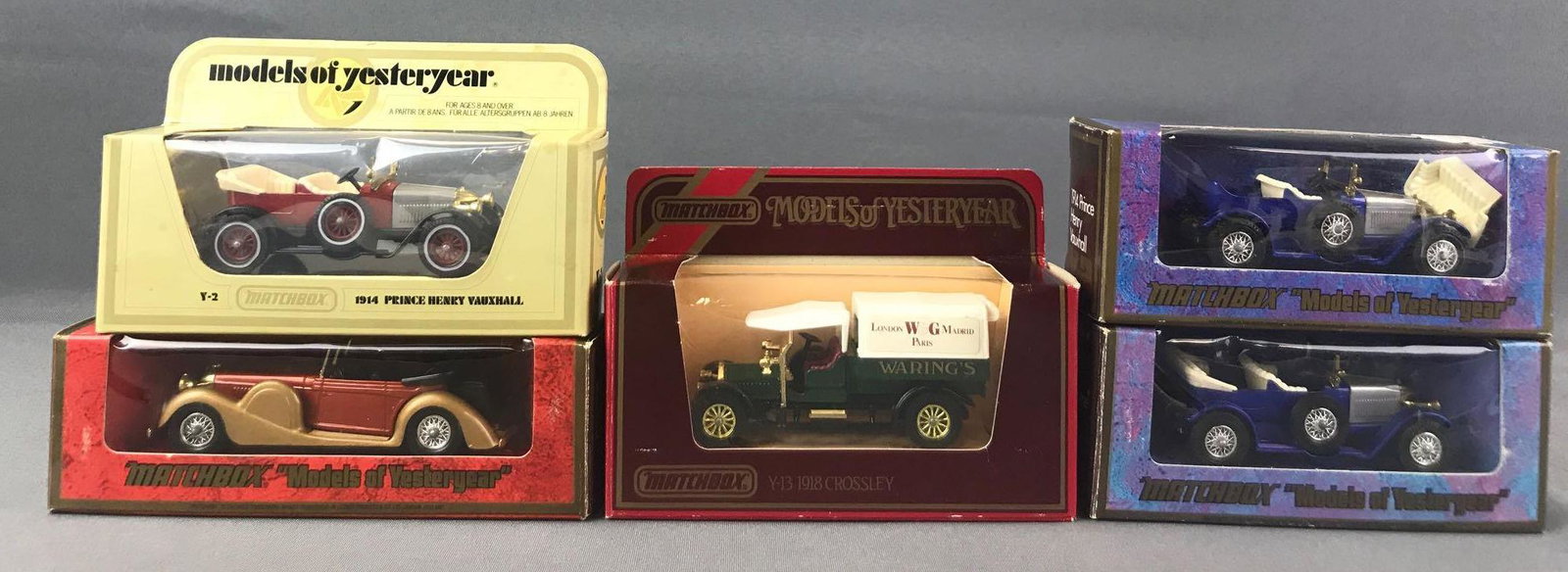 Group of 5 Matchbox Models of Yesteryear Die-Cast: Includes Y-2 1914 Prince Henry Vauxhall, Y-11 1938 Lagonda Drophead Coupe, and Y-13 1918 Crossley. A Lesney Product. Made in England