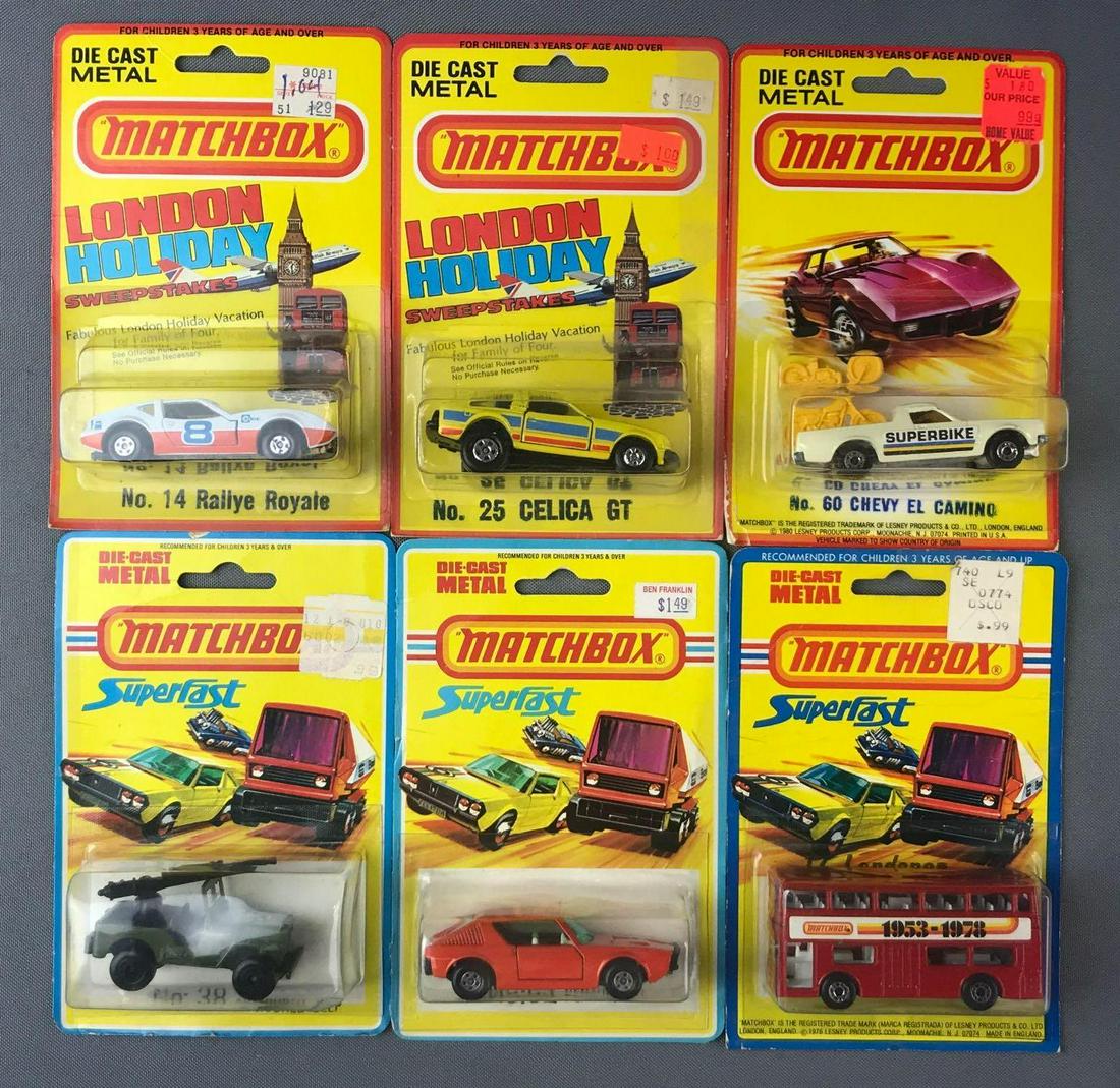 Group of 6 Matchbox Die-Cast Vehicles in Original: Includes No. 14 Rallye Royale, No. 25 Celica GT, No. 38 Armoured Jeep, and more
