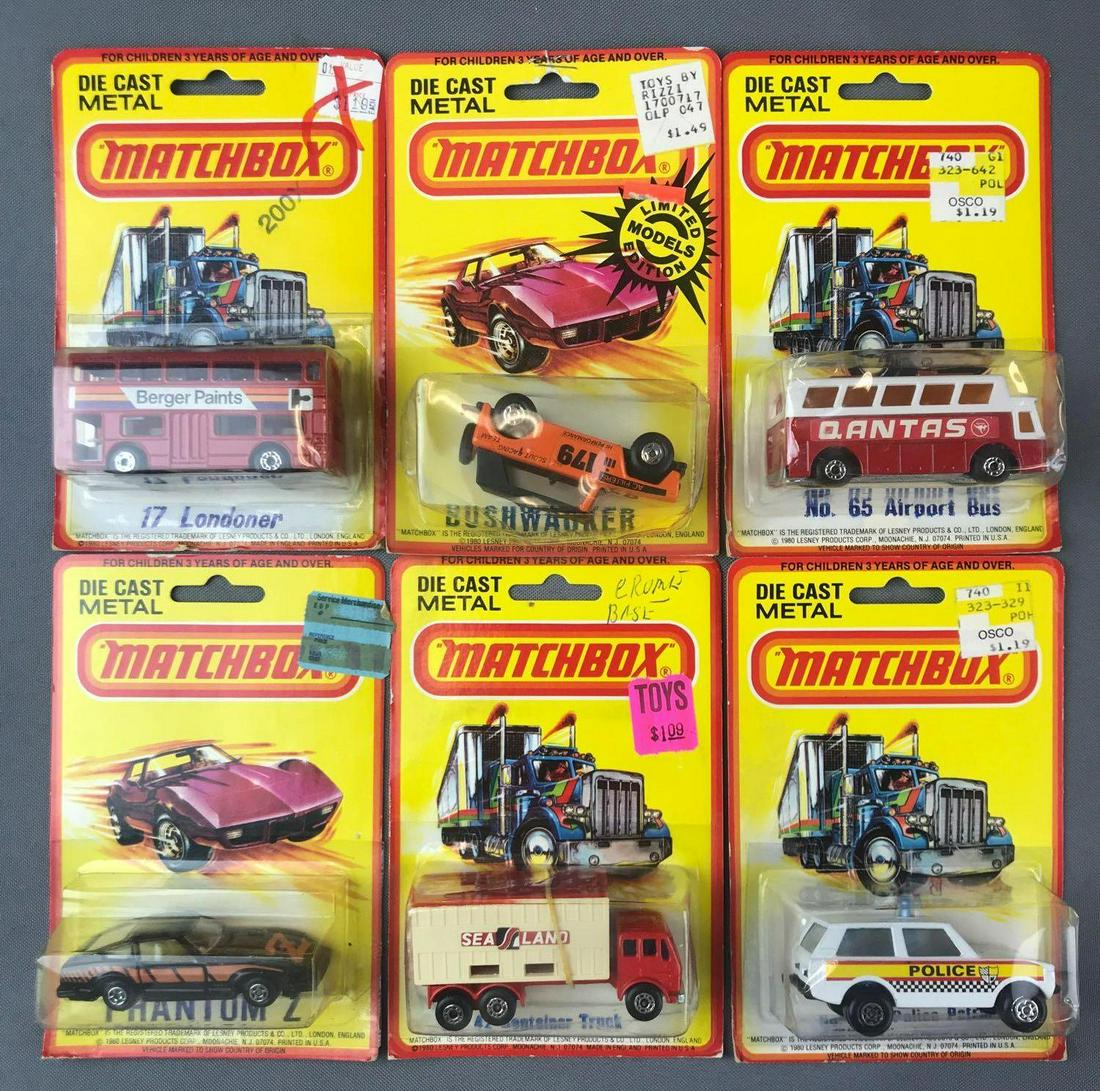 Group of 6 Matchbox Die-Cast Vehicles in Original: Includes No. 42 Container Truck, No. 20 Police Patrol, No. 65 Airport Bus, and more.