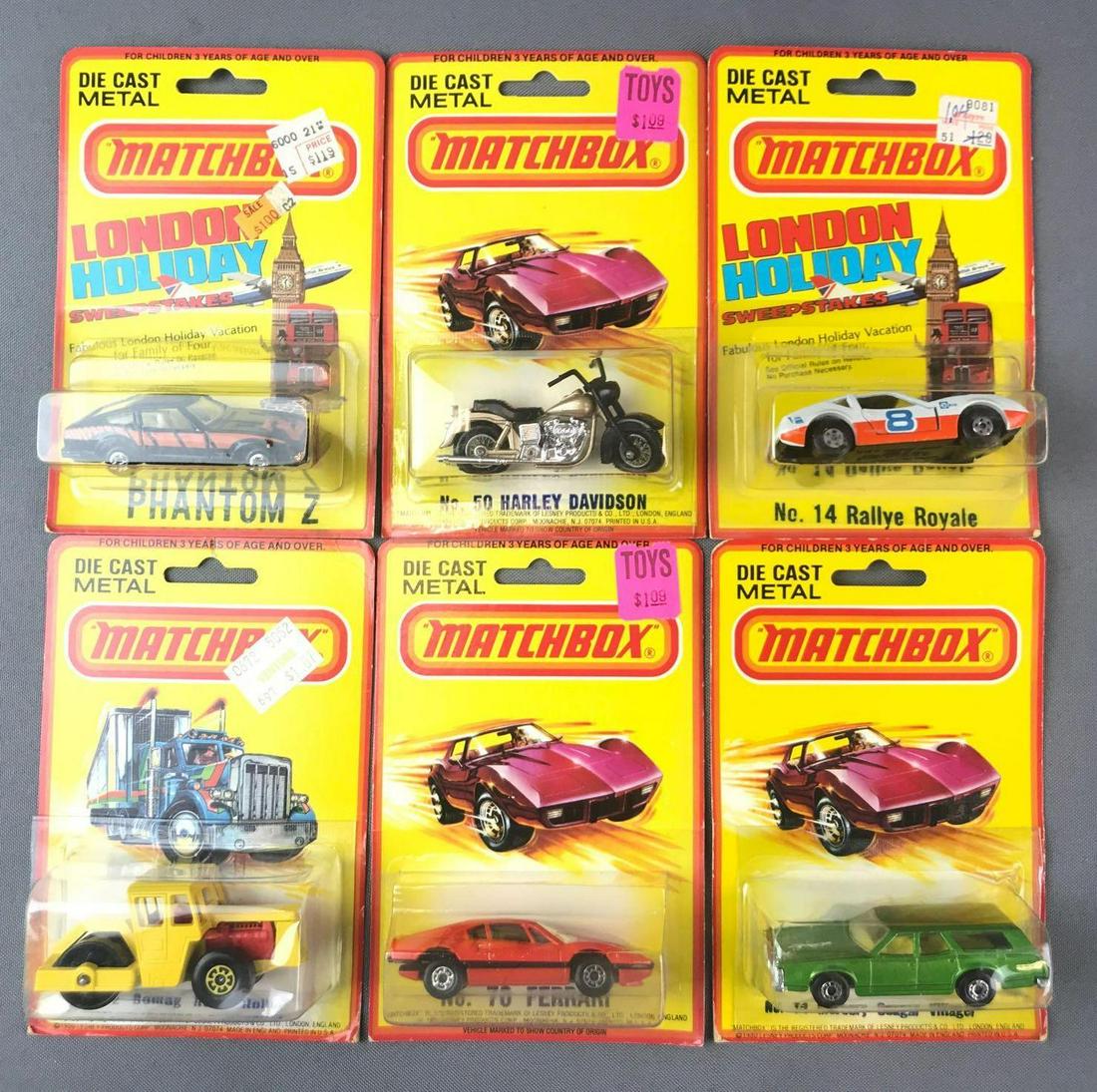 Group of 6 Matchbox Die-Cast Vehicles in Original: Includes No. 72 Bomag Road Roller, No. 74 Mercury Cougar Villager, No. 50 Harley-Davidson, and more.