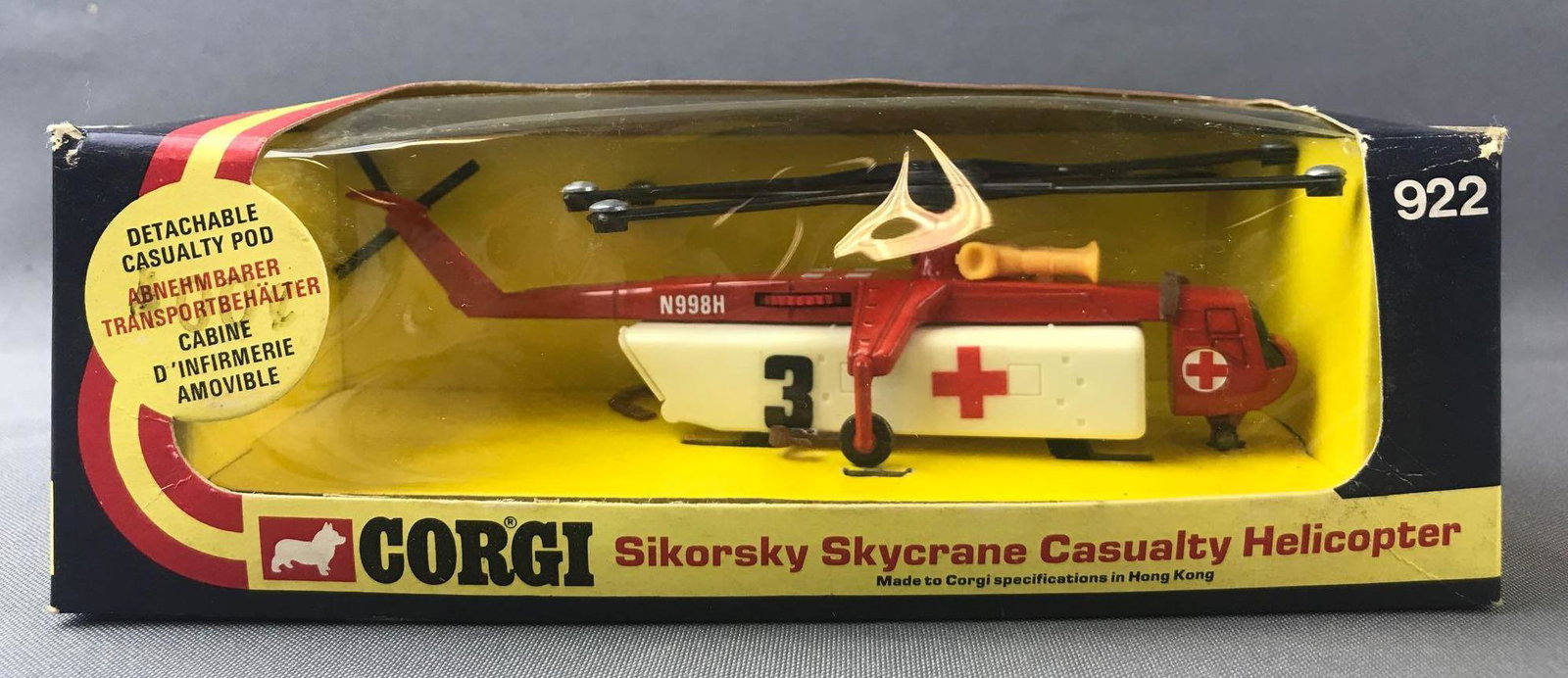 Corgi No. 922 Sikorsky Skycrane Casualty Helicopter: Die-cast vehicle in original packaging, like new condition, made in Hong Kong
