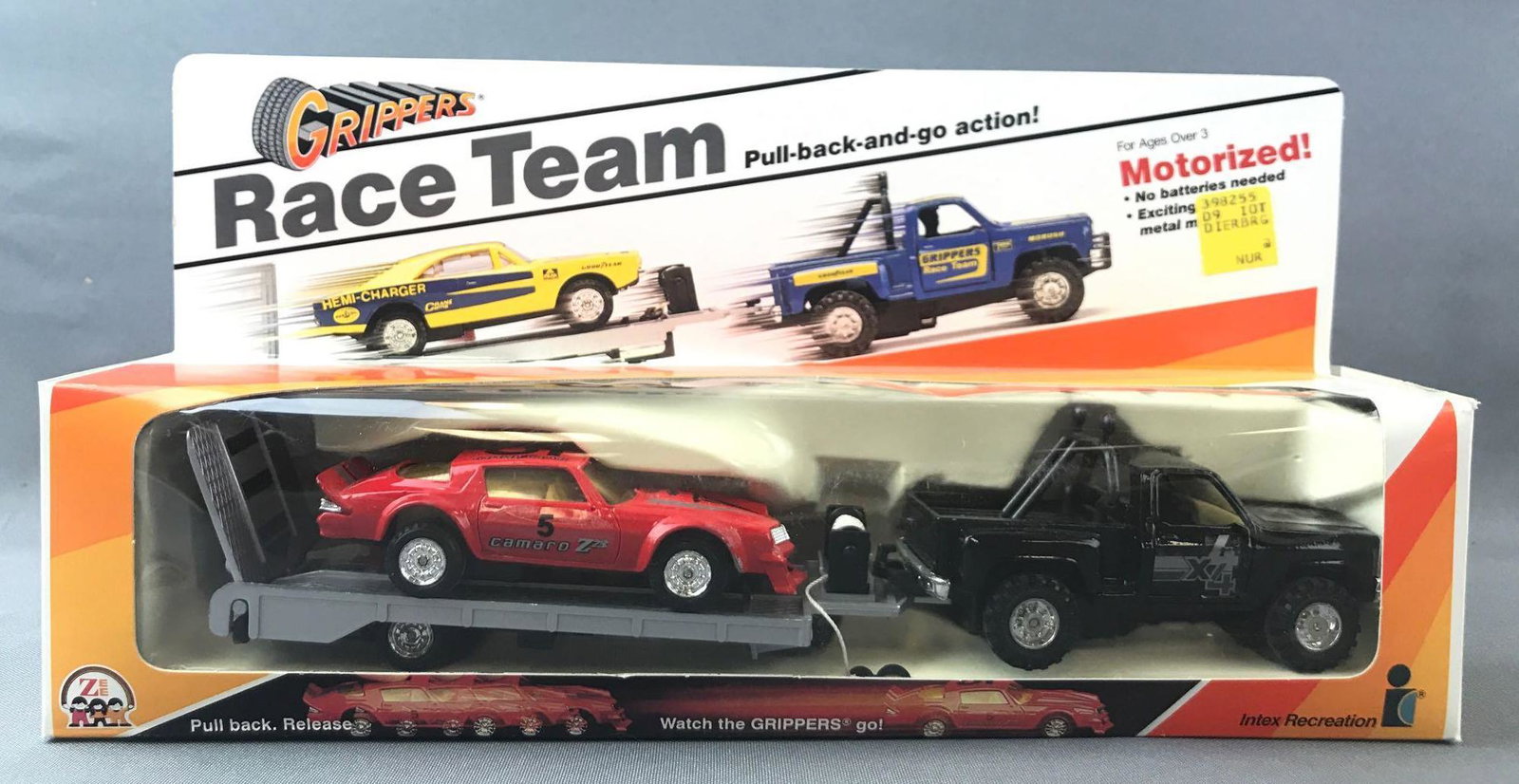 Zee Toys Grippers Race Team Die-Cast Behicle Set in: Includes Chevy 4x4 Stepside, Camaro Z28, and Trailer. New in original packaging