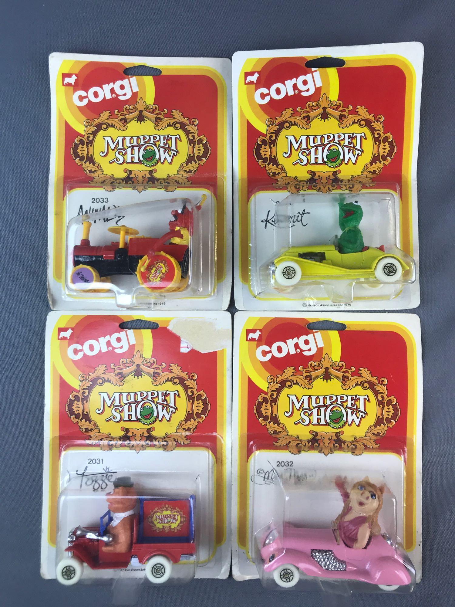 Group of 4 Corgi Muppet Show Die-Cast Vehicles: Includes Kermit, Miss Piggy, Fozzie, and Animal. New in original packaging