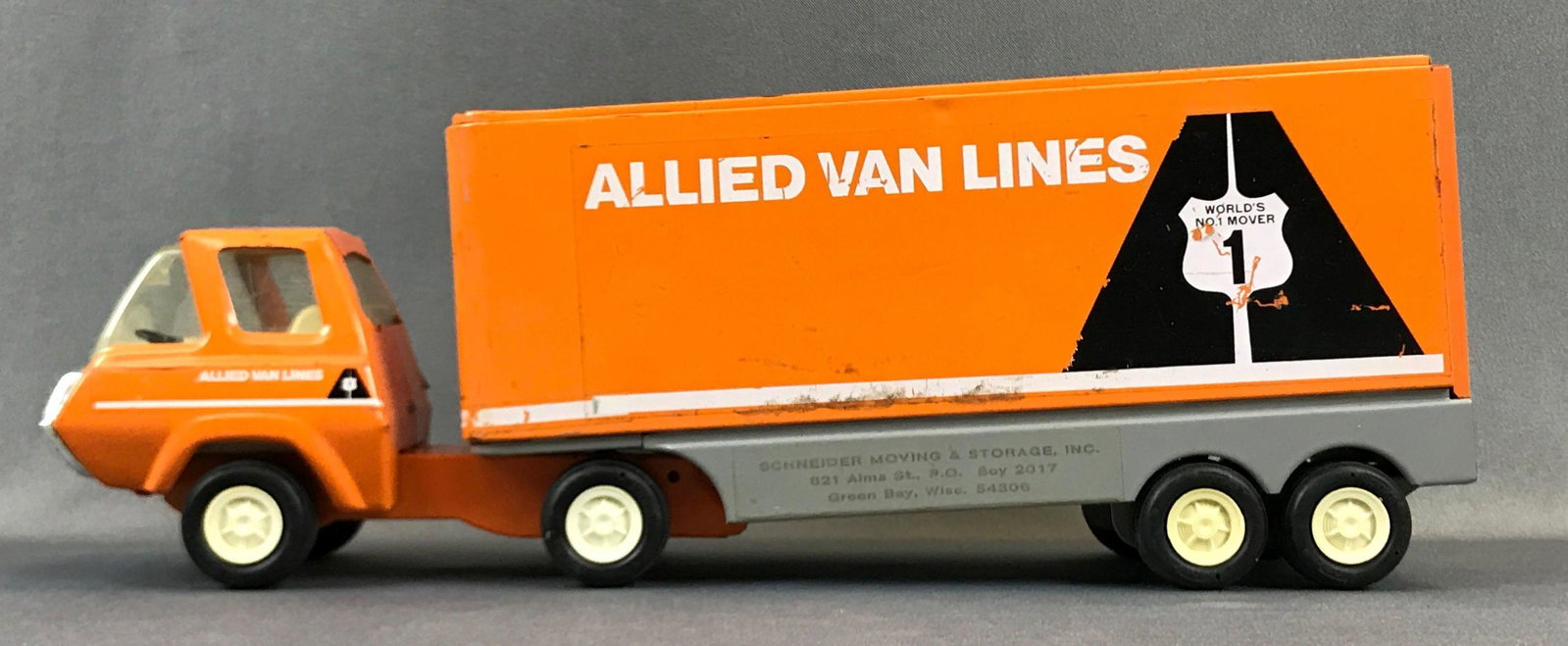 Tonka Allied Van Lines Semi: Pressed steel 15 1/2 x 6 inches some scratches sticker reads Schneider moving and storage Inc. Green Bay Wisconsin
