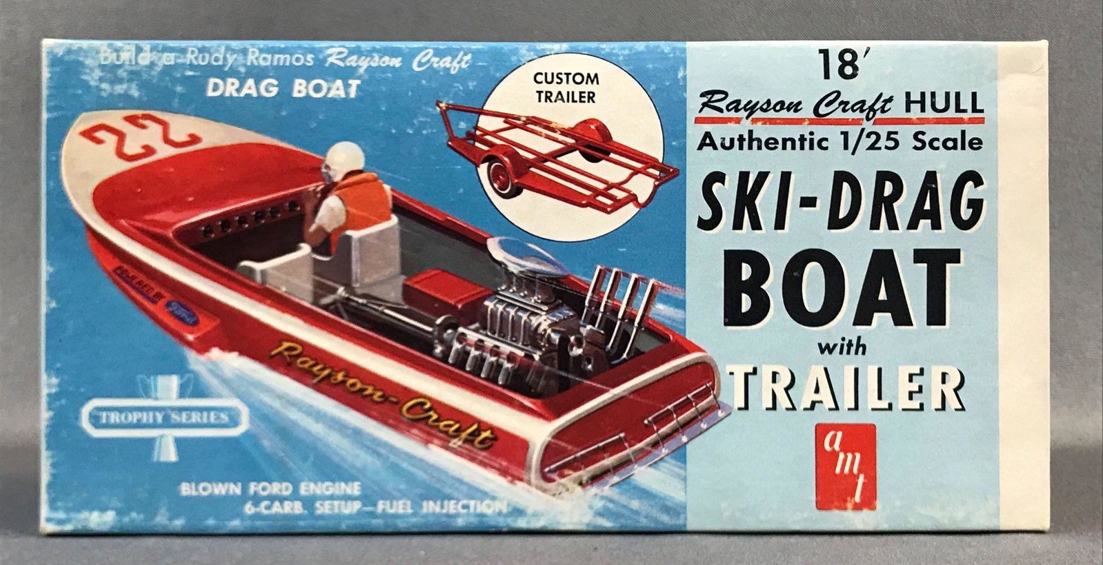 AMT Ski-Drag Boat With Trailer with Original Box: 1963 Rayson Craft Hull 1/25 Scale Trophy Series