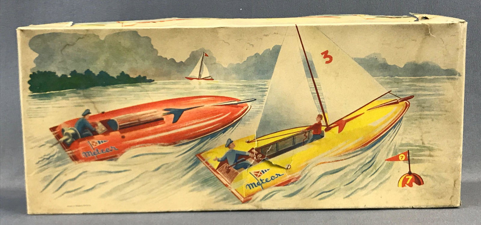 Belco Meteor 1010 Race Boat with Original Box: Original box powered hydroplane race boat with driver made in West Germany box has some tears and water damage