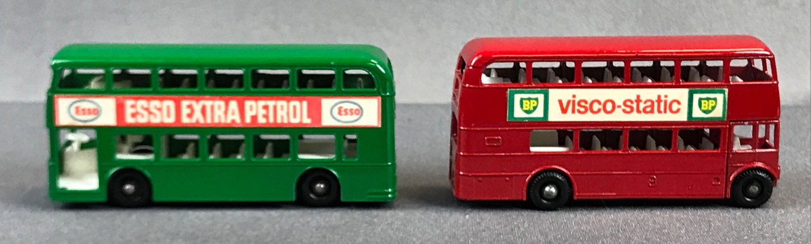 Group of 2 Matchbox Die-Cast Buses: No. 5 and No. 74, BP Visco-Static, Esso Extra Petrol, Red and Green BodiesÊ