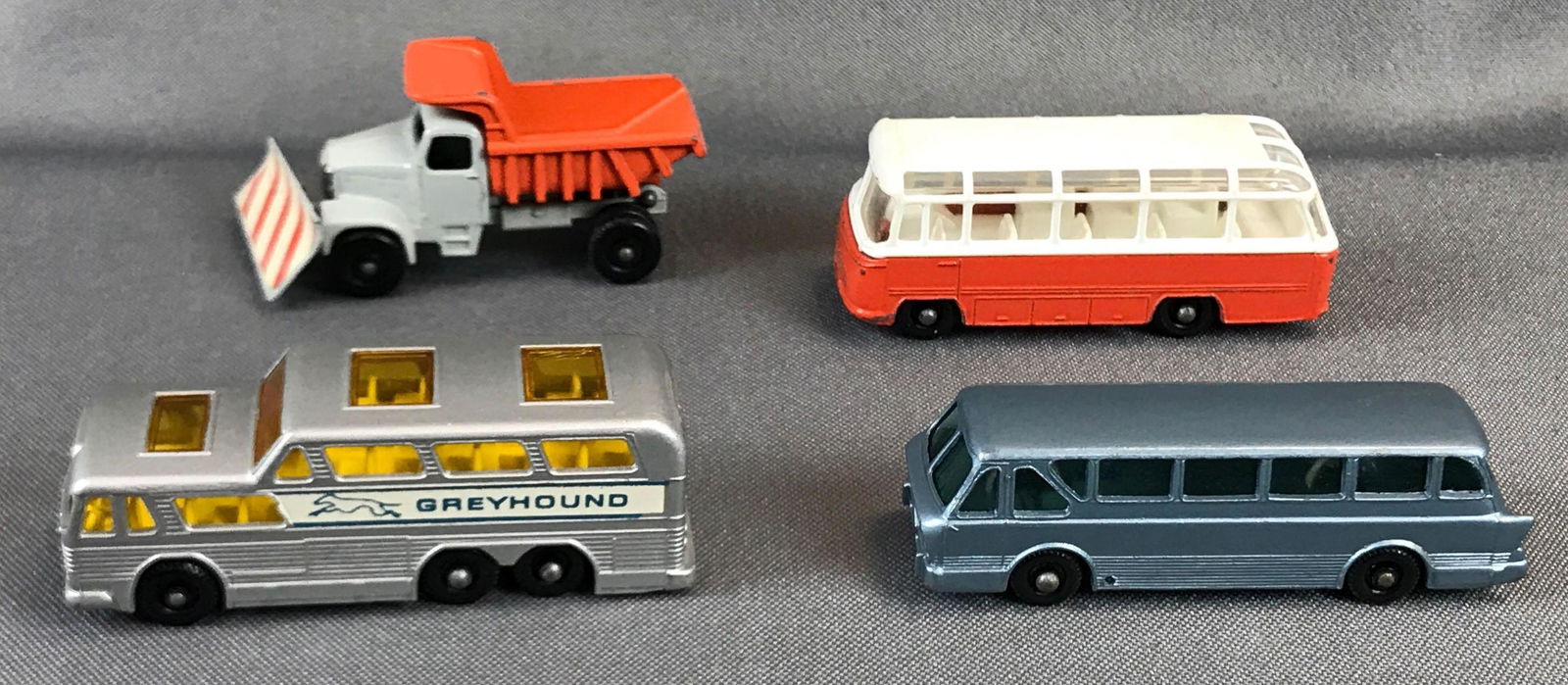 Group of 4 Matchbox Diecast Vehicles: Used, Includes No. 40,68,66,16. Leyland Royal Tiger Coach Mercedes Coach Greyhound Bus Coach Scammel Snow Plough
