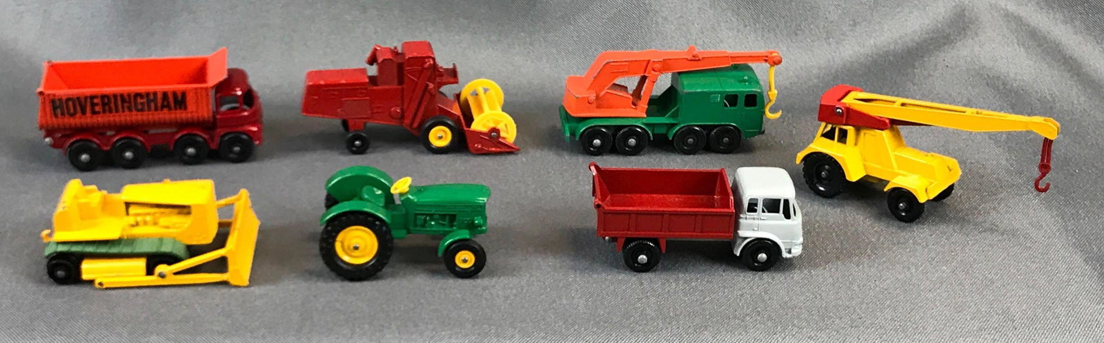 Group of 7 Matchbox Diecast Vehicles: Used, Includes No. 18,65,11,3,17,30. Caterpillar Bulldozer tracks are dry rotted Green Tractor wheels fall off and on easily Taylor Jumbo Crane 8 Wheel Crane Hoveringham Tipper Claus Combine Harvester