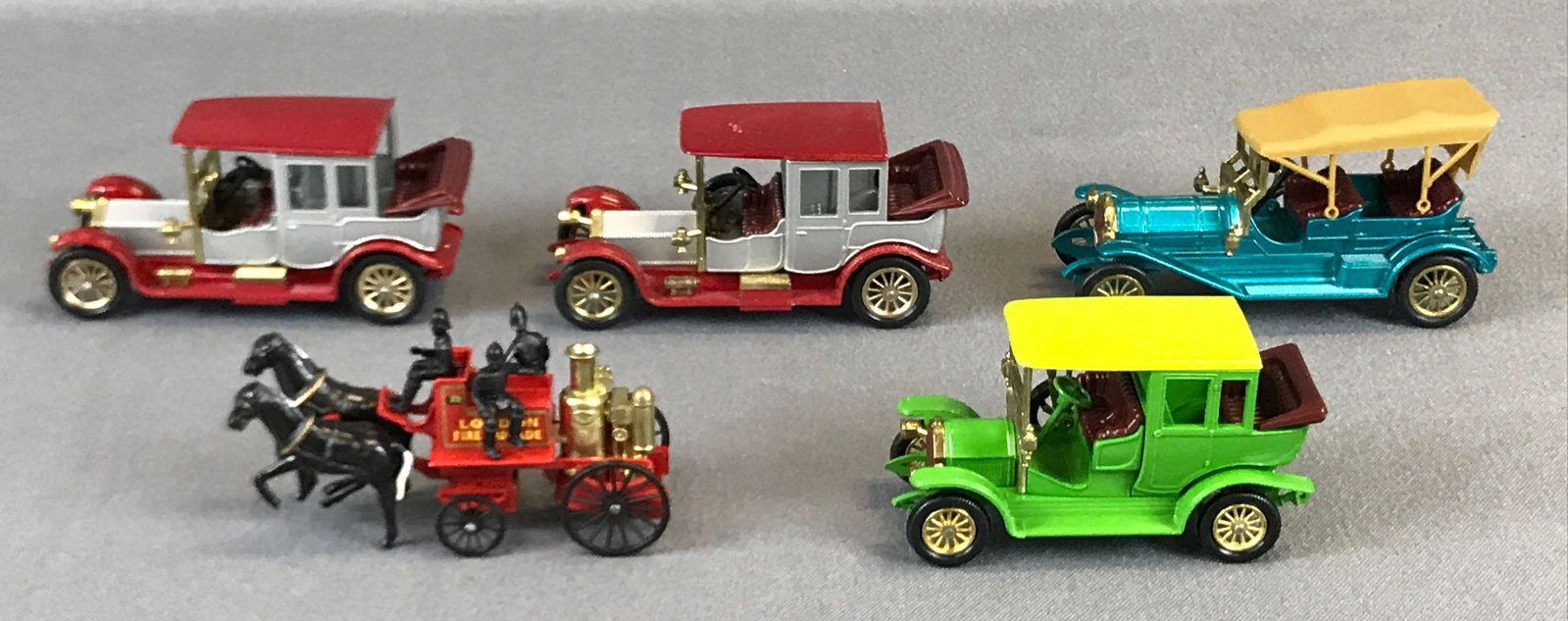 Group of Five Matchbox Diecast Vehicles: Used made by Lesney 1910 Benz limousine 1909 Thomas fly about 1912 Rolls Royce London Fire Brigade #4