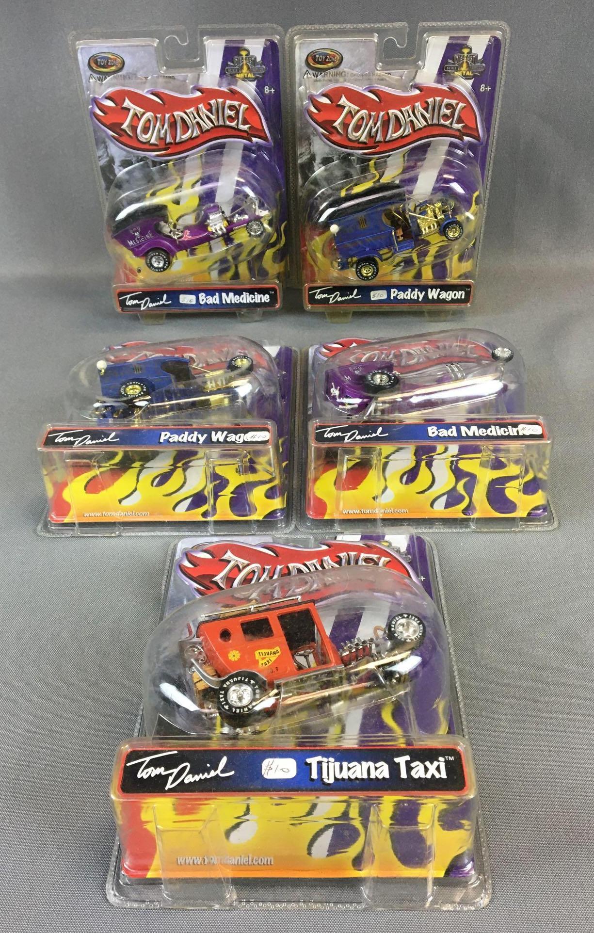 Group of 5 Tom Daniel Diecast in Original packaging: Toy Zone Iron Legends,Bad Medicine,Tijuana Taxi,Paddy Wagon