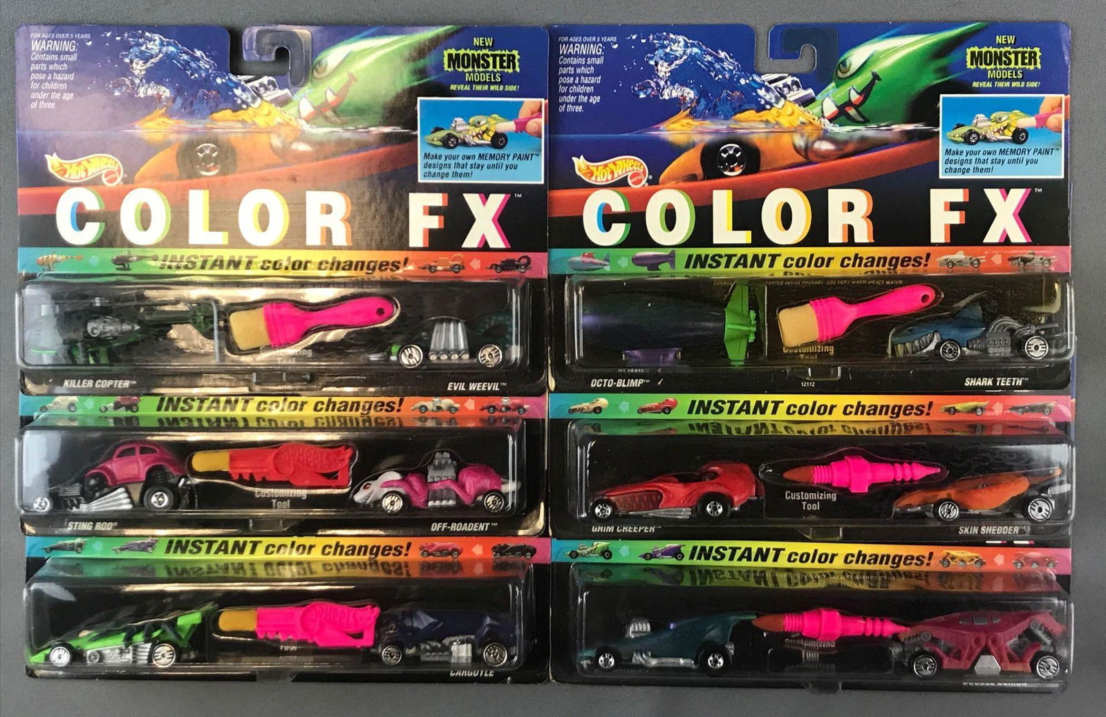 Group of 6 Hot Wheels Color FX Monster Models 2-Pack: New in original packaging