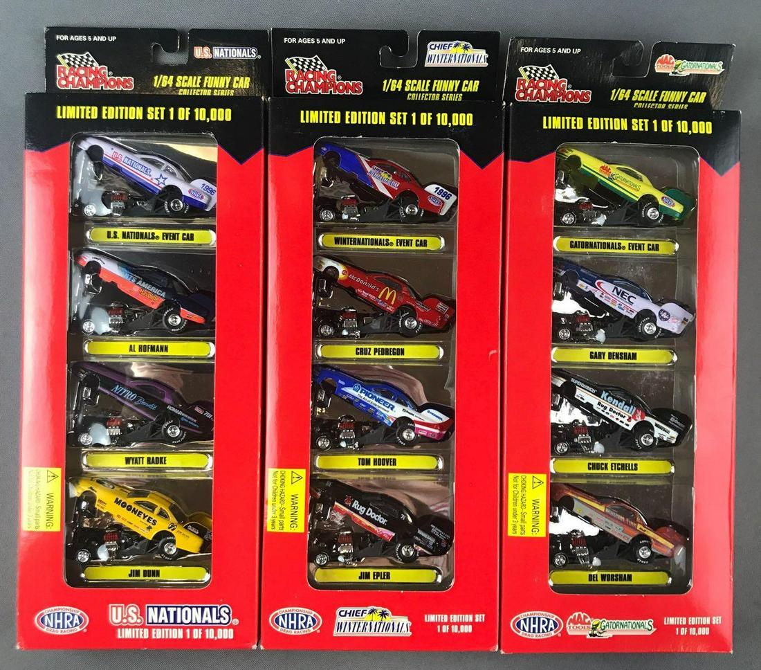 Group of 3 Racing Champions 1996 NHRA Collectors Series: 4 vehicles per set. Sets include U.S. Nationals, Chief Winternationals, and MAC Tools Gatornationals