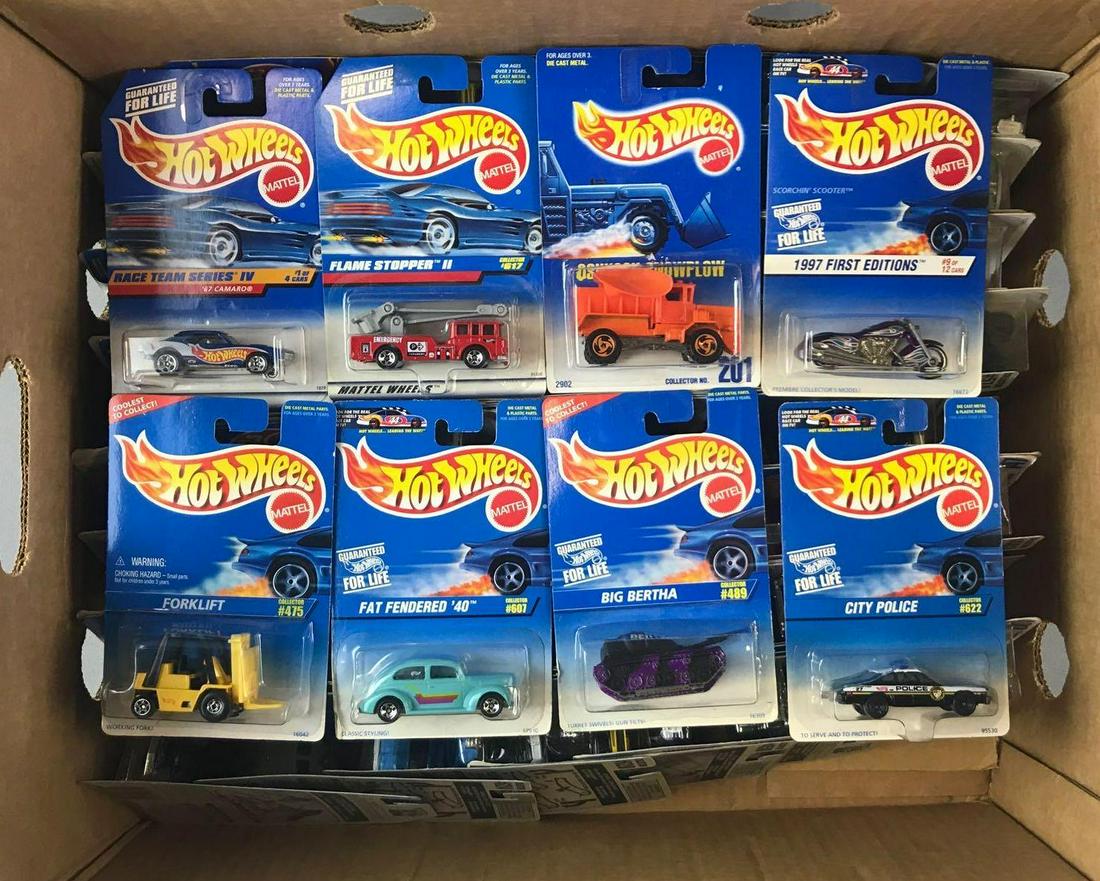 Group of 98 Assorted Hot Wheels Die-Cast Vehicles in: Includes No. 607 Fat Fendered 40, 475 Forklift, 622 City Police, and more