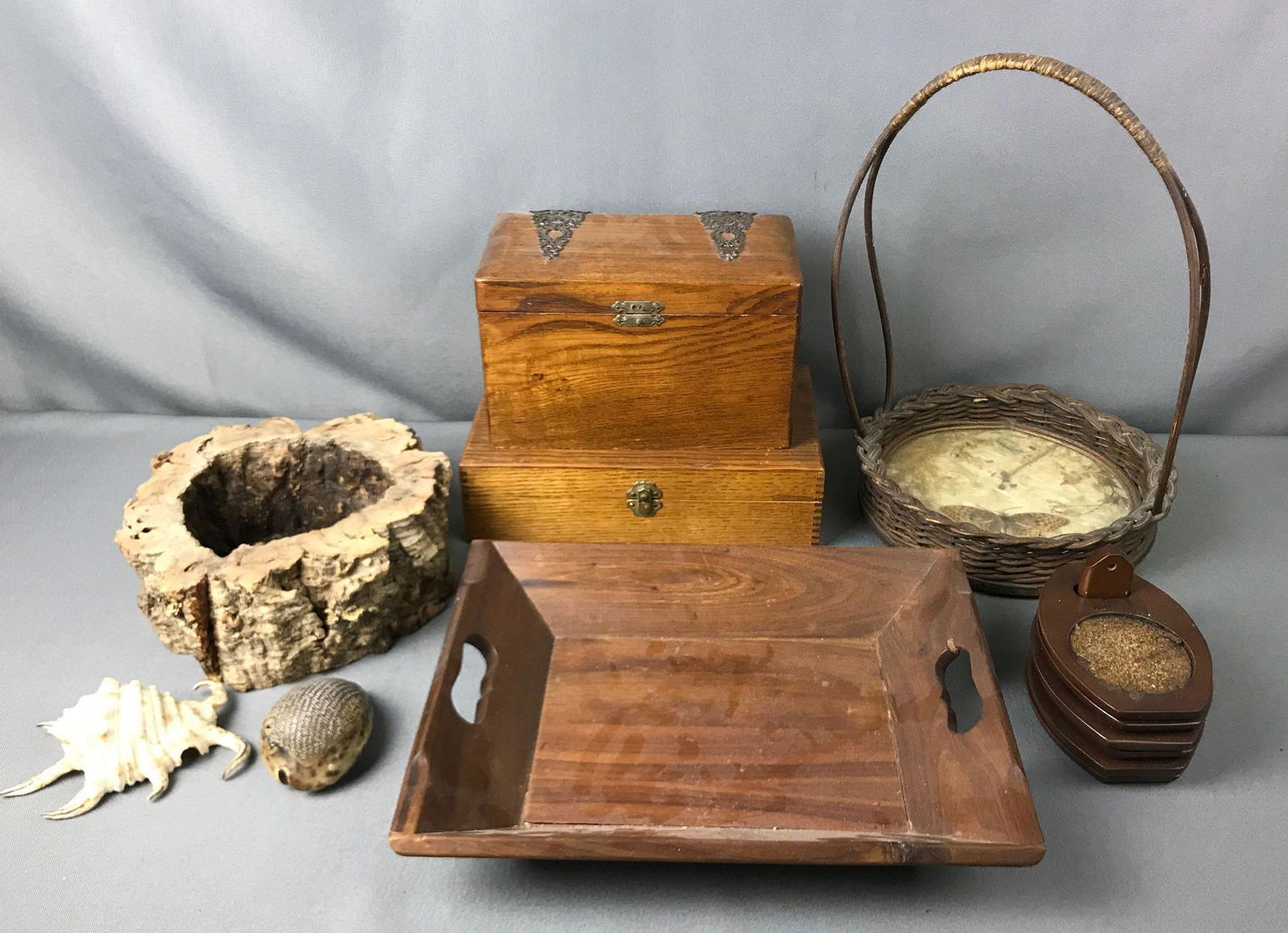 Group of Coasters, Shells, Boxes and more!: A collection of vintage coasters, boxes, and interesting shells