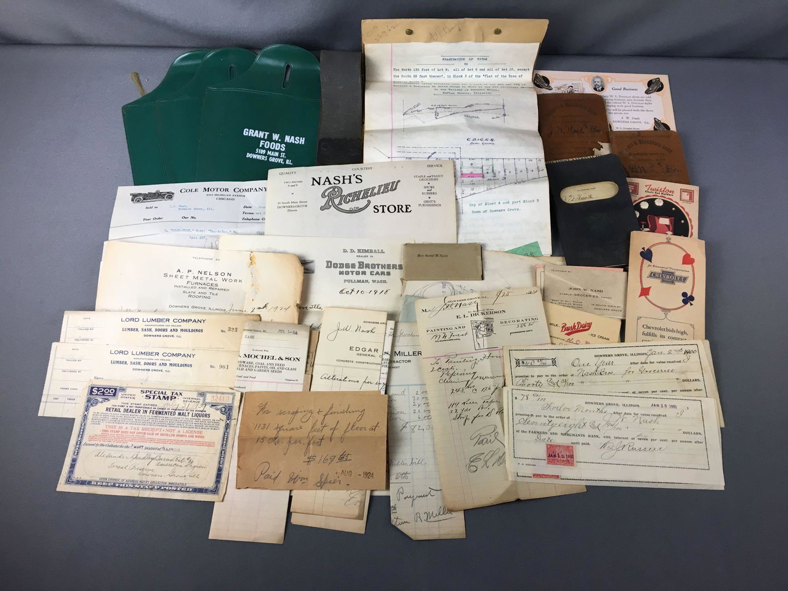 Group of Antique Downers Grove Store Reciepts and more: Includes receipts/ advertising from Grant W. Nash Foods; Lord Lumber Co.; Arthur R. Miller Mason Contractor and other Downers Grove merchants