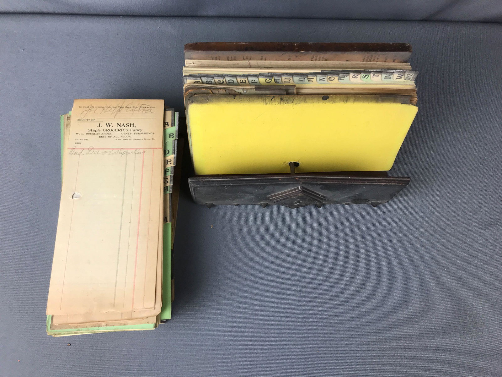 Antique Alphabetized Correspondence File + Business: From Nash Groceries, Downers Grove; Illinois. Includes receipts and correspondences. File is 9 x 5 inches