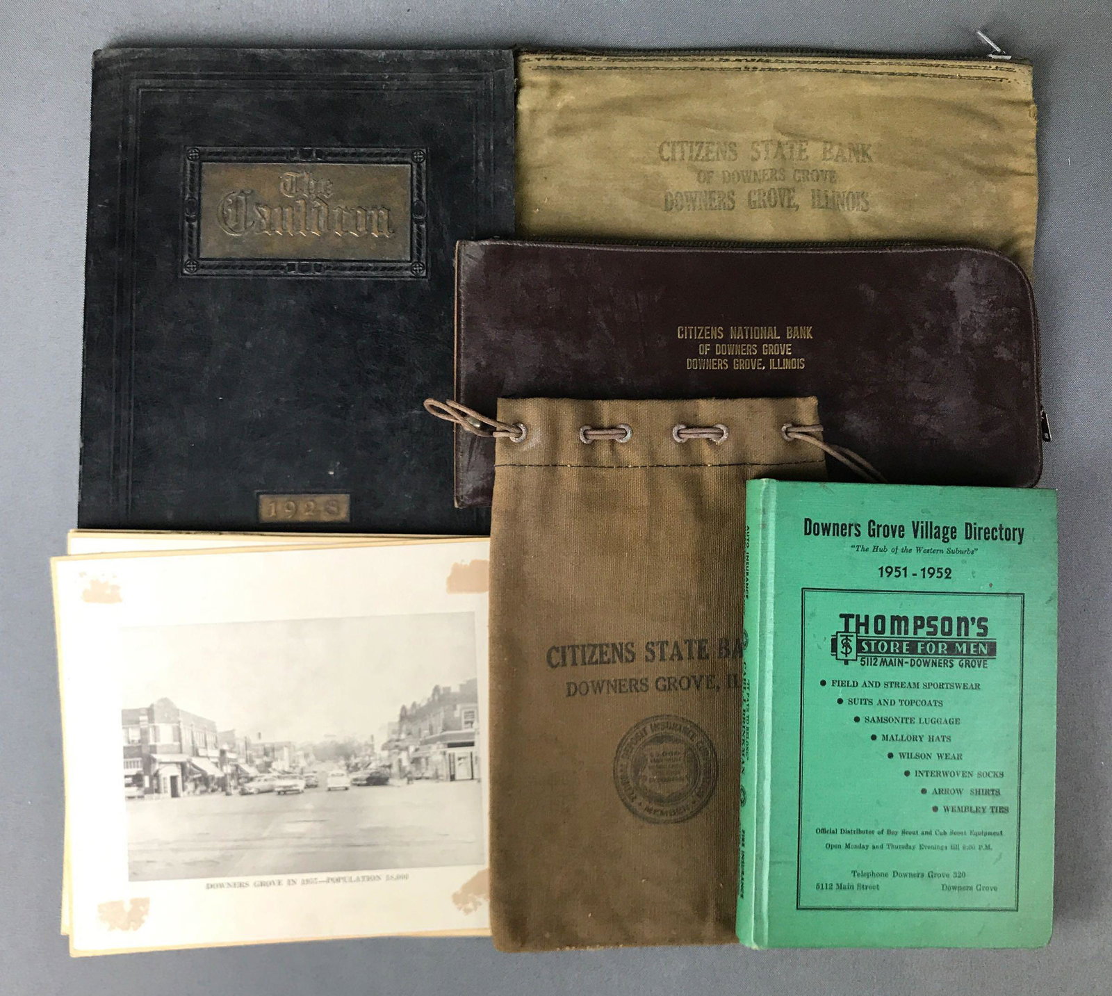 Group of Vintage Downers Grove Ephemera : Photos, Bank: Downers Grove Village Directory 1951-1952; "The Cauldron" 1945; Citizens State Bank bank bags; and street scene photo group
