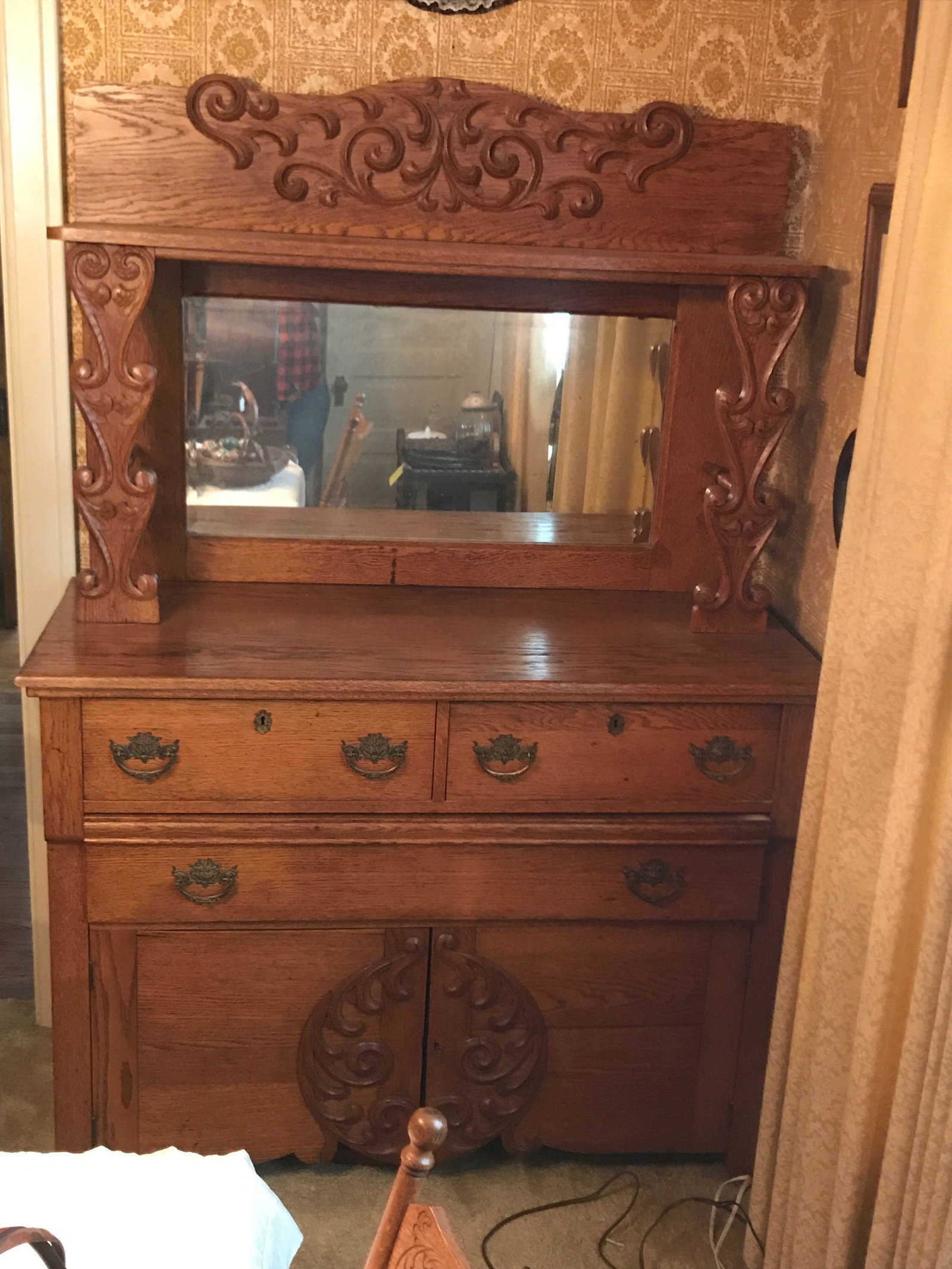 Antique Oak Sideboard Buffet w/ Mirror: 74 x 23 x 52 inches. Shipping is not available for this lot. Pick up only. (Large or heavy items can be transferred to our Gallery for an additional fee.)