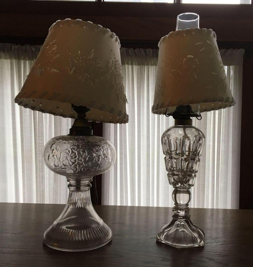 Group of 2 : Antique Clear Glass Lamps: 1 oil lamp and 1 electric. Larger is 17 inches tall
