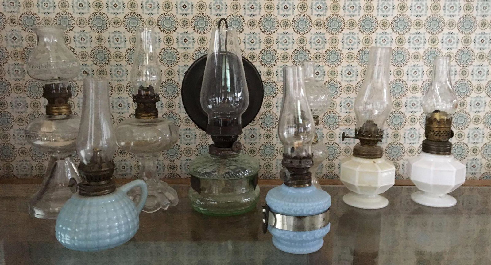 Group of 8 : Antique Mini Oil Lamps: Largest is 8 1/2 inches tall