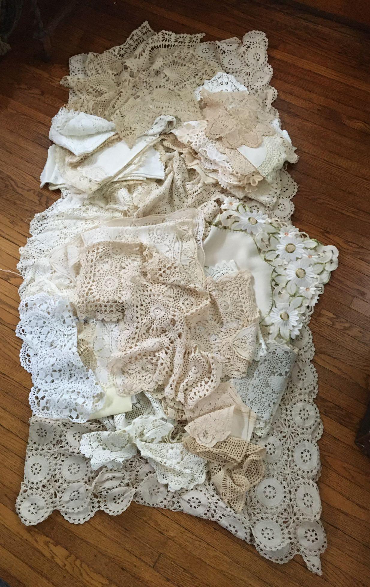 Large Group of Handmade Tablecloths and Doilies: Largest is 64 x 60 inches