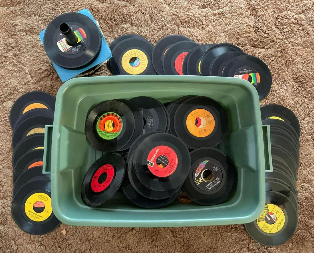 Tote of "Classic" Vintage 45 Vinyl Records from the: Includes Credence Clearwater Revival, John Denver, Jerry Lee Lewis, and more