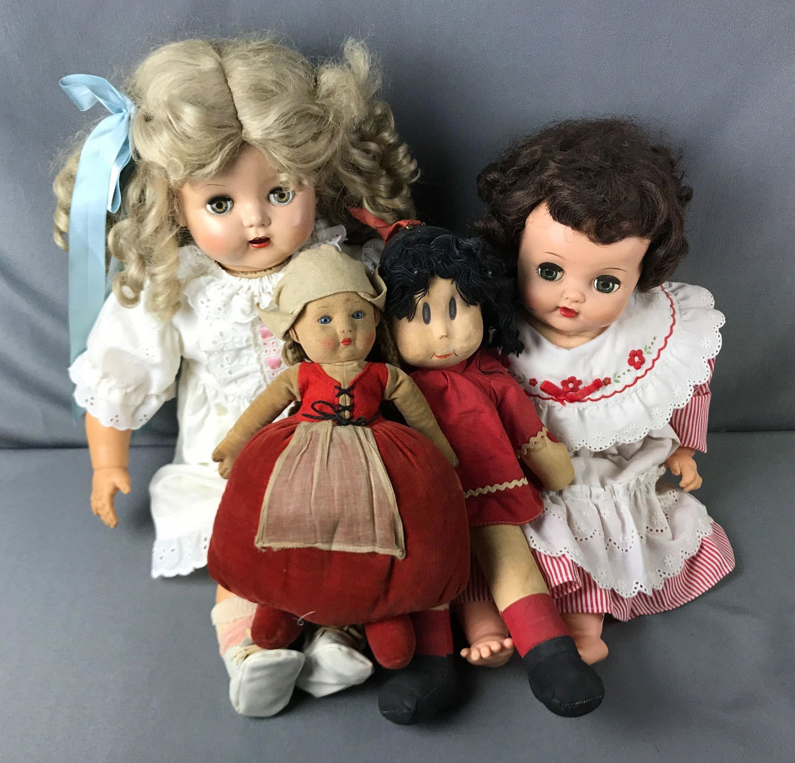 Group of 4 : Vintage Dolls - Cloth and Composition: Two vintage composition dolls - one with open mouth and moving eyes