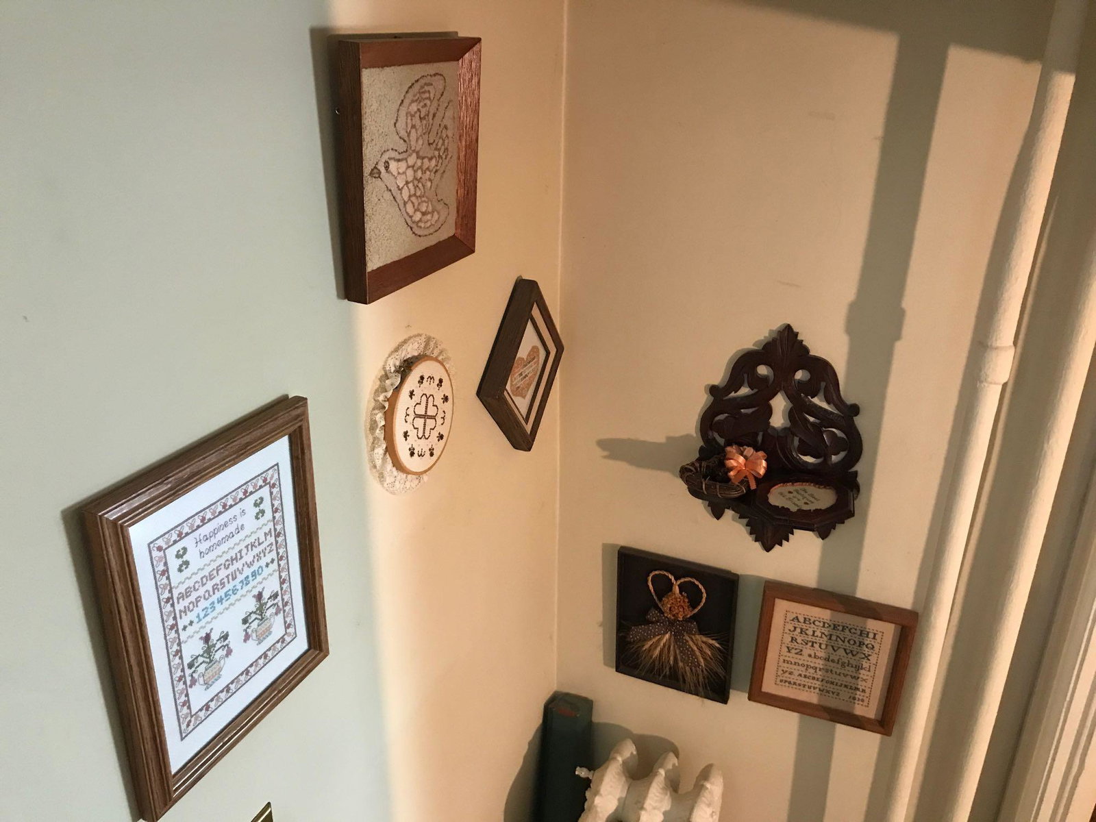 Group of Wall Decor Items : Framed Samplers and More: Includes shadowbox; framed samplers, mini iron illustrated pans; small wall shelf, and more
