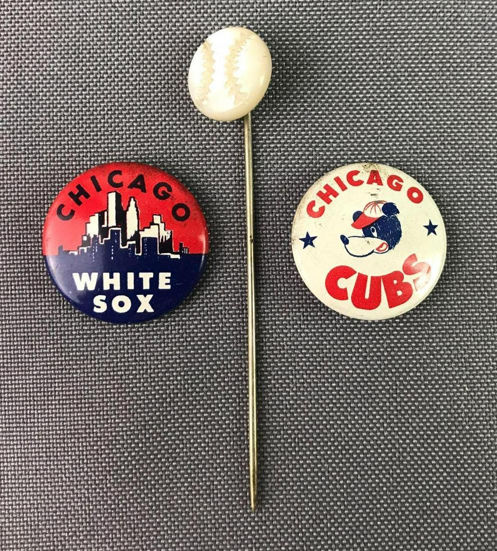 Group of 3 Vintage Baseball Pins: Pinbacks and Stickpin: Chicago White Sox, Chicago Cubs, mother of pearl baseball stick pin is 2 3/4 inches long