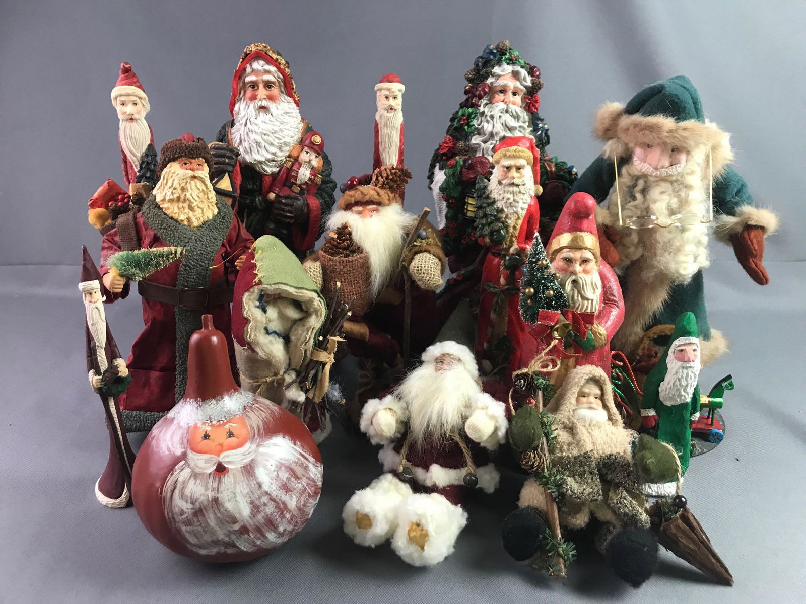Group of 15 : Santa Figurines and Plush: Largest is 12 1/2 inches
