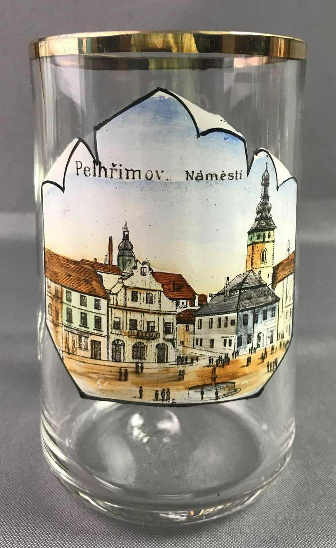 Glass Souvenir Mug-Pelhrimov Square, Czech Republic: 5 1/2 inches.