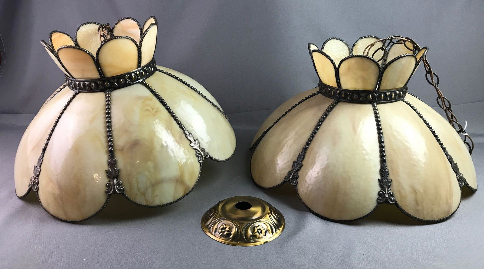 Pair Of Matching Hanging Lights: 19 inches; attractive "caramelswirl" pattern