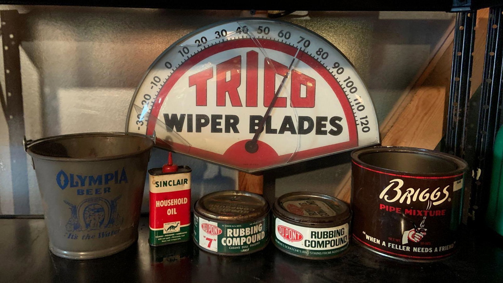 Group of Vintage Advertising Items: Includes Olympia beer, Sinclair, Dupont, Trico wiper blades, and other. Damaged and cracked glass on thermometer
