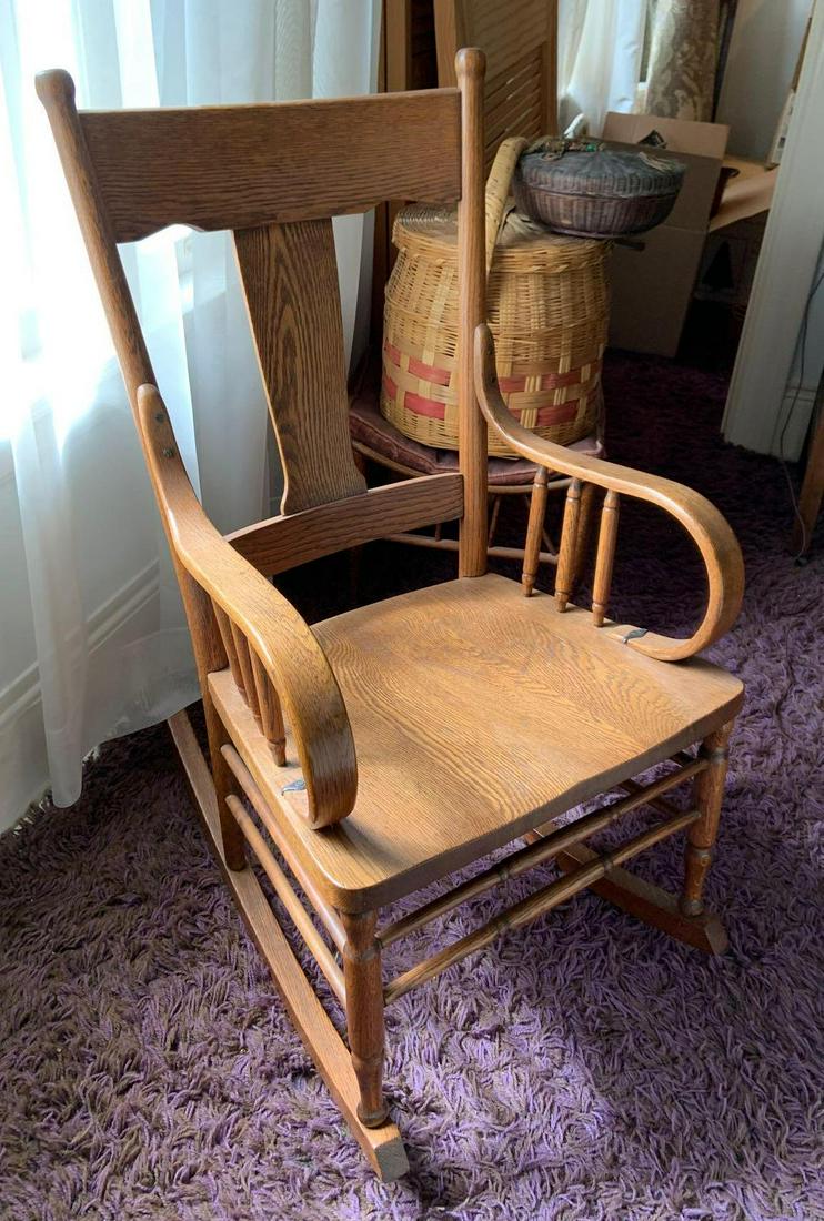 Antique Oak Rocking Chair: 37 x 24 x 21 1/2 inches.Shipping is not available for this lot. Pick up only. (Large or heavy items can be transferred to our Gallery for an additional fee.)