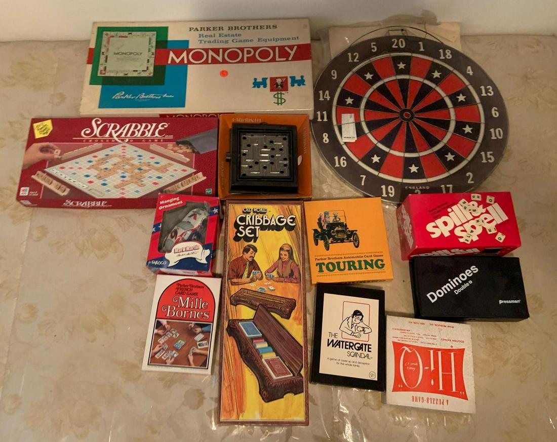 Group of Vintage Board Games and Fun: Includes Monopoly, Scrabble, a cribbage board, "double-9" dominoes, card games and others