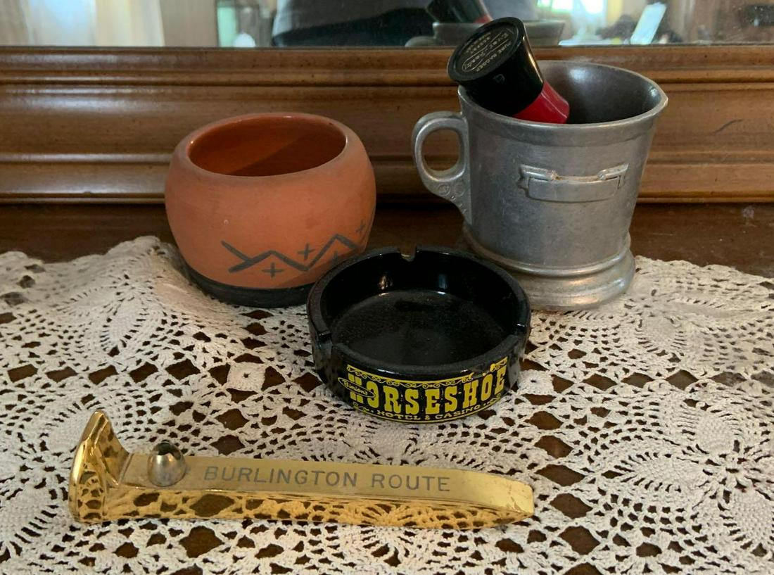Miscellaneous Bureau Lot : Vintage Advertising, Shaving: "Binion'sHorseshoe Hotel and Casino ashtray"; "Burlington Route" golden spike; shaving mug and more