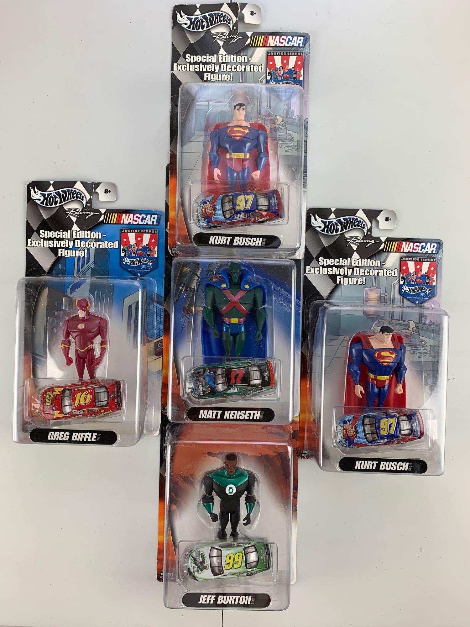 Group of 5 : Hot Wheels "Special Editions": Justice League NASCARs with action figures