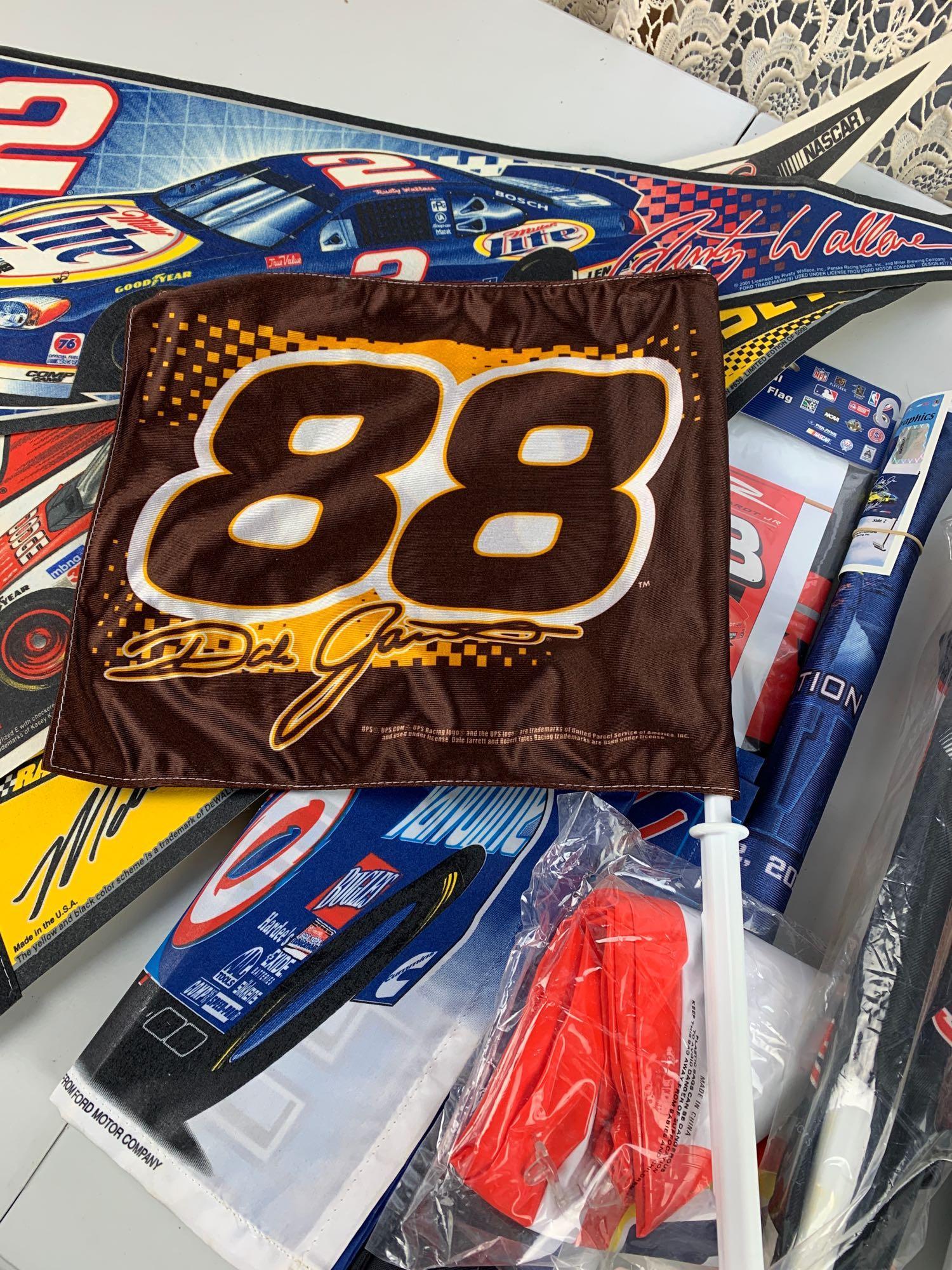 Group of 13 : NASCAR Items: Includes Pennants and Car Flags. Dale Earnhardt, Dale Jarrett, Mark Martin and more