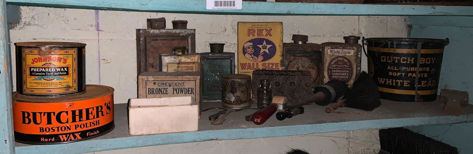 Group of Vintage and Antique Advertising Tins and Boxes: Includes "Rex" wall sizing, "Butchers Boston Polish", "Dutch Boy", and more.Shipping is not available for this lot. Pick up only.