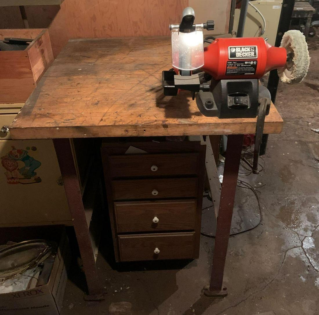 Butcher Block Workbench w/ Bench Grinder: 30 x 30 1/2 x 38; includes steel legs and small cabinet. Shipping is not available for this lot. Pick up only.