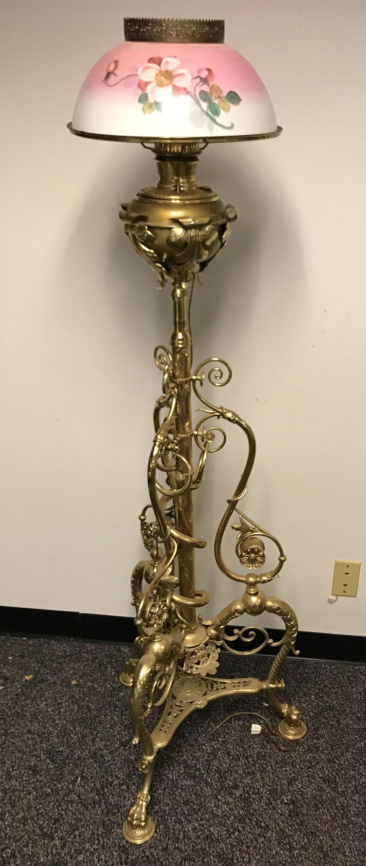 Antique brass Victorian piano lamp with glass shade: Converted from oil to electric. Untested. 62 inches tall. One piece on base needs reattached. No shipping available