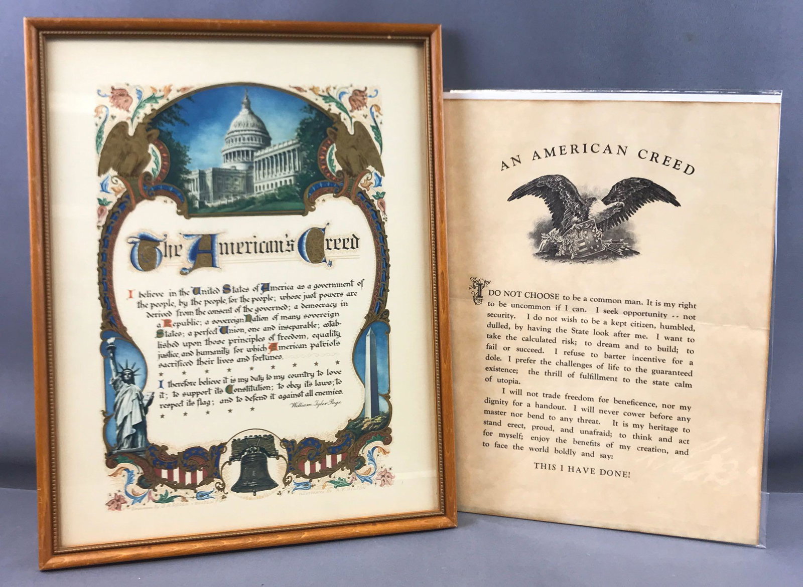 The Americans Creed framed engrossing and more: Also includes an American creed, unframed. Engrossing in original frame illustrated by AE Hilton. Frame size 13 x 16 1/2