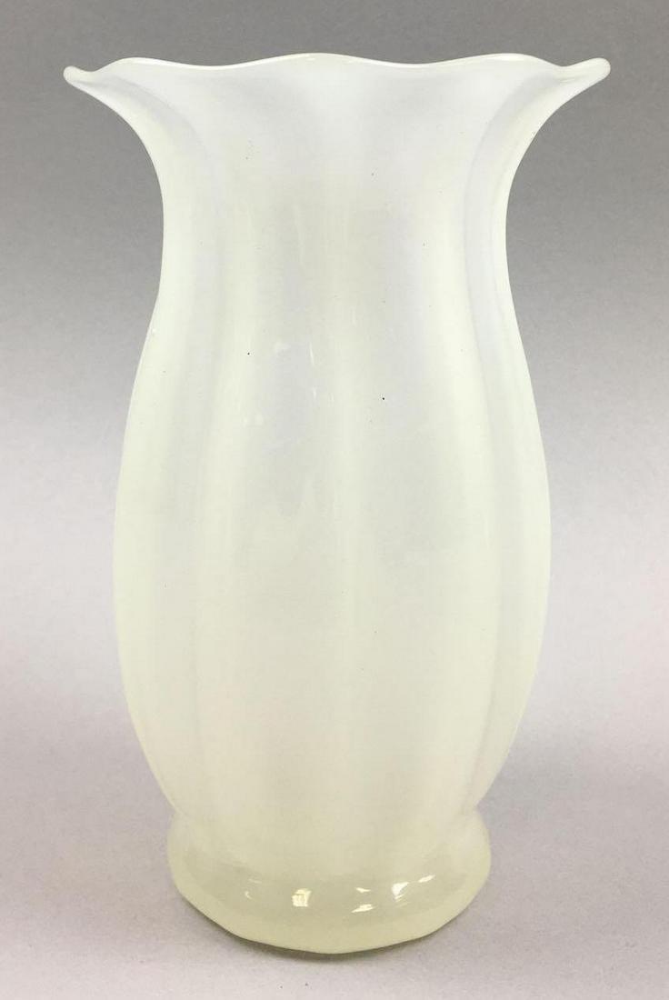 Vintage Carder Steuben Alabaster "Ivrene" Shade Vase: This magnificent Steuben Alabaster Lamp Vase with optic ribs (Carder design #2533) measures 6-1/2 inches. A scarce example of a beautiful Art Nouveau shape and Steuben workmanship. Signed with the ori
