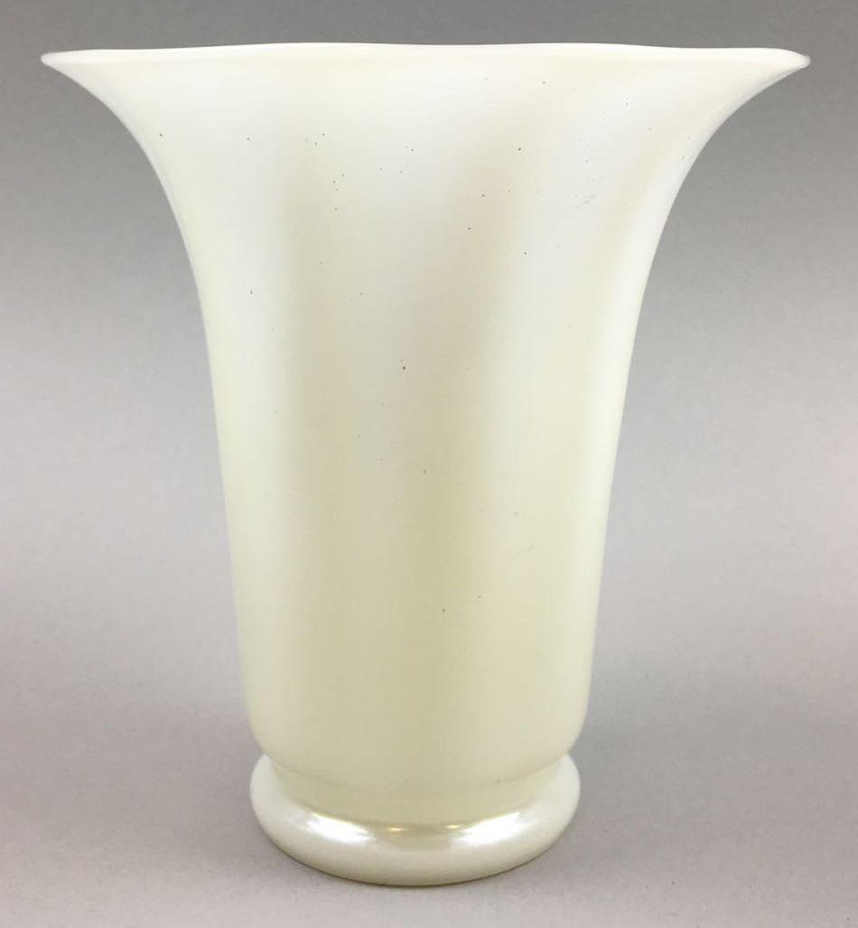 Steuben Iridescent Alabaster "Ivrene" Shade Vase: This elegant 5-1/2 x 5-1/2 inch Steuben alabaster "Ivrene"colored flared shaped vase with ten optic ribs and polished pontil was developed in the 1920's under the guidance of Fredrick Carder and is in